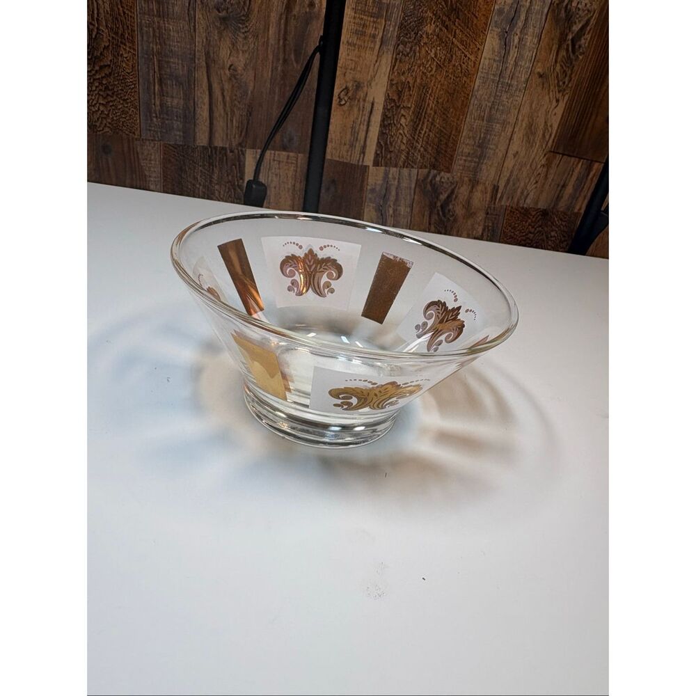 Vintage Mid Century Gold Scroll Barware Glass Bowl Atomic Style